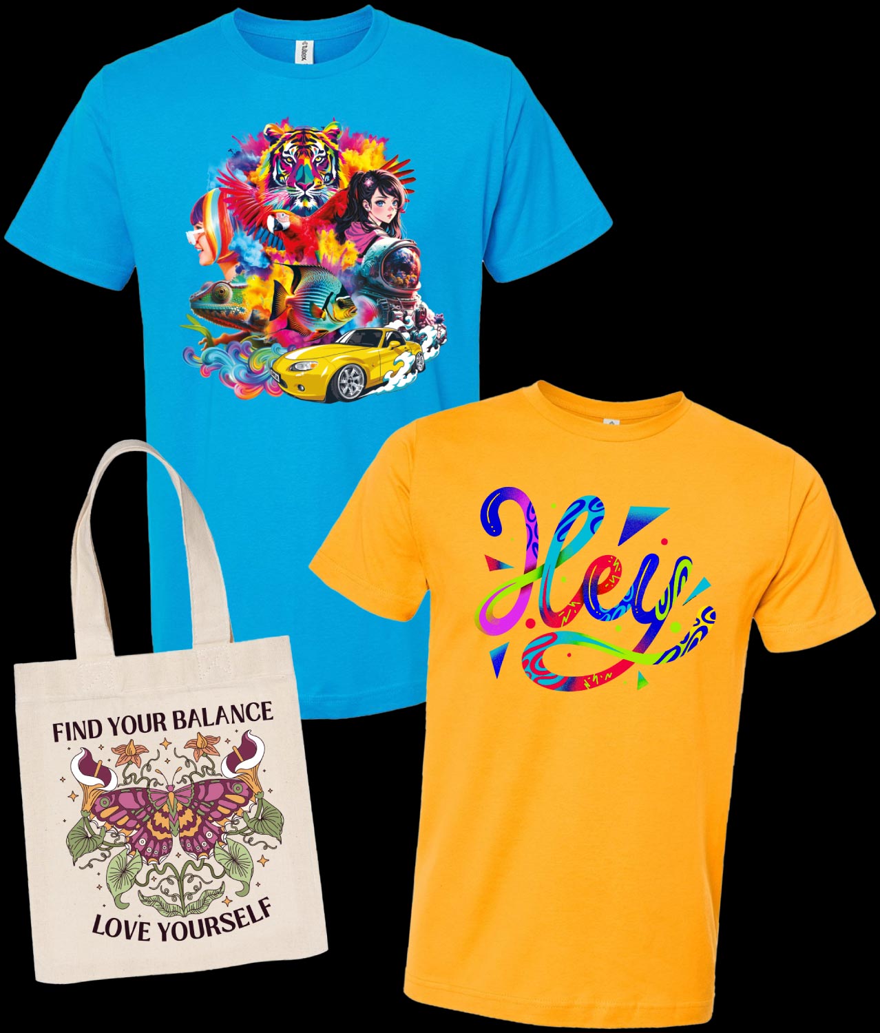 DTF Printed Products - T-shirts and Tote Bags