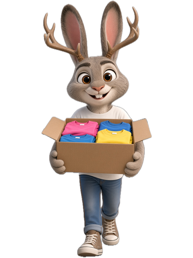 Jack, the Print Hybrid jackalope, carrying a box of finished shirts