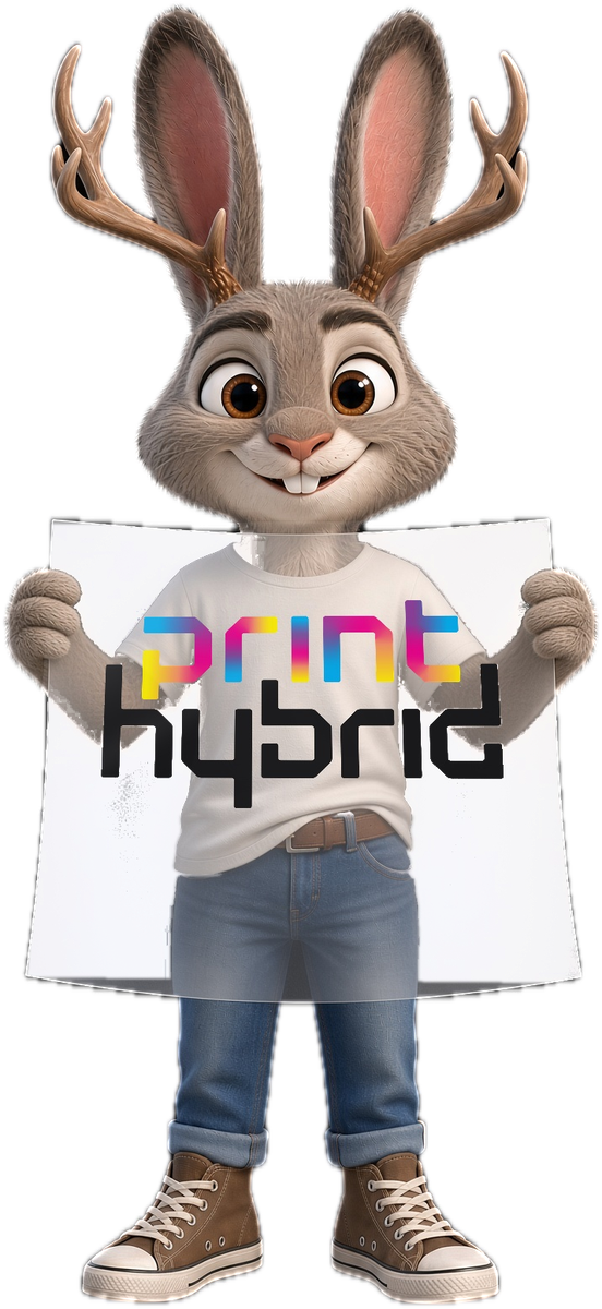 Jack, the Print Hybrid jackalope, holding up a clear DTF transfer sheet printed with the Print Hybrid logo